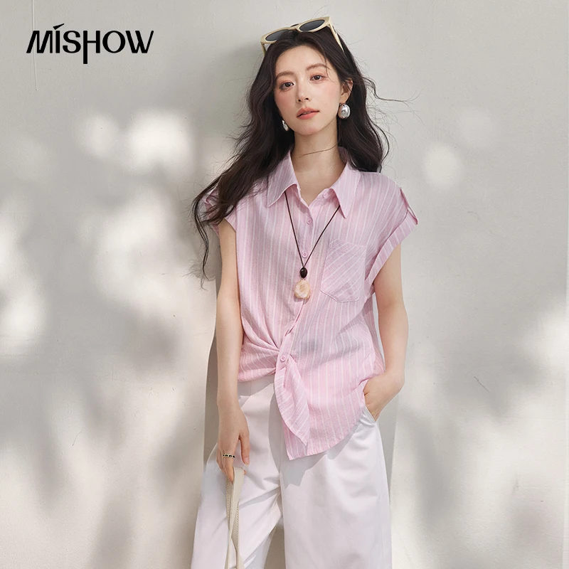 

MISHOW Pink Lapel Striped Rolled Cuff Sleeve Shirt Women's 2026 Summer Pocket Design Breathable Loose Office Top MXF26C2500