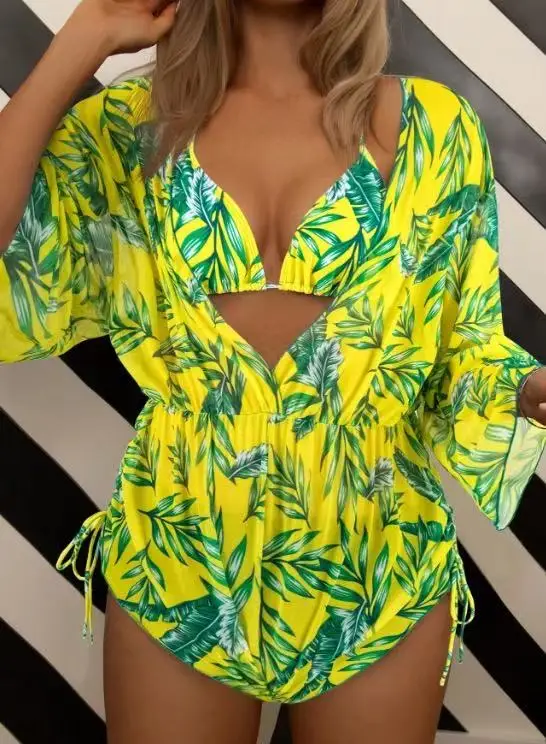 Traje de baño Sexy de 3 piezas con estampado Tropical, conjunto de microbikini con cordones y cuello Halter + traje de baño con cordón, ropa de playa, Tankinis