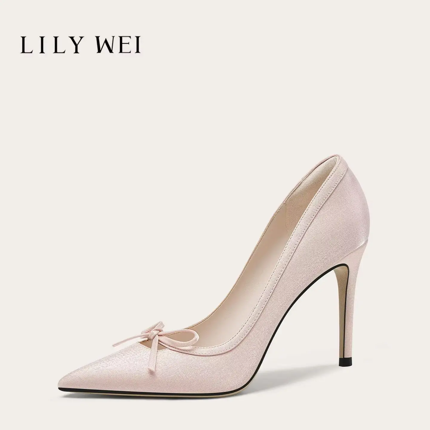Autumn new pointed shallow mouth pink silk bow single shoes banquet large size small size widened high heels women's shoes