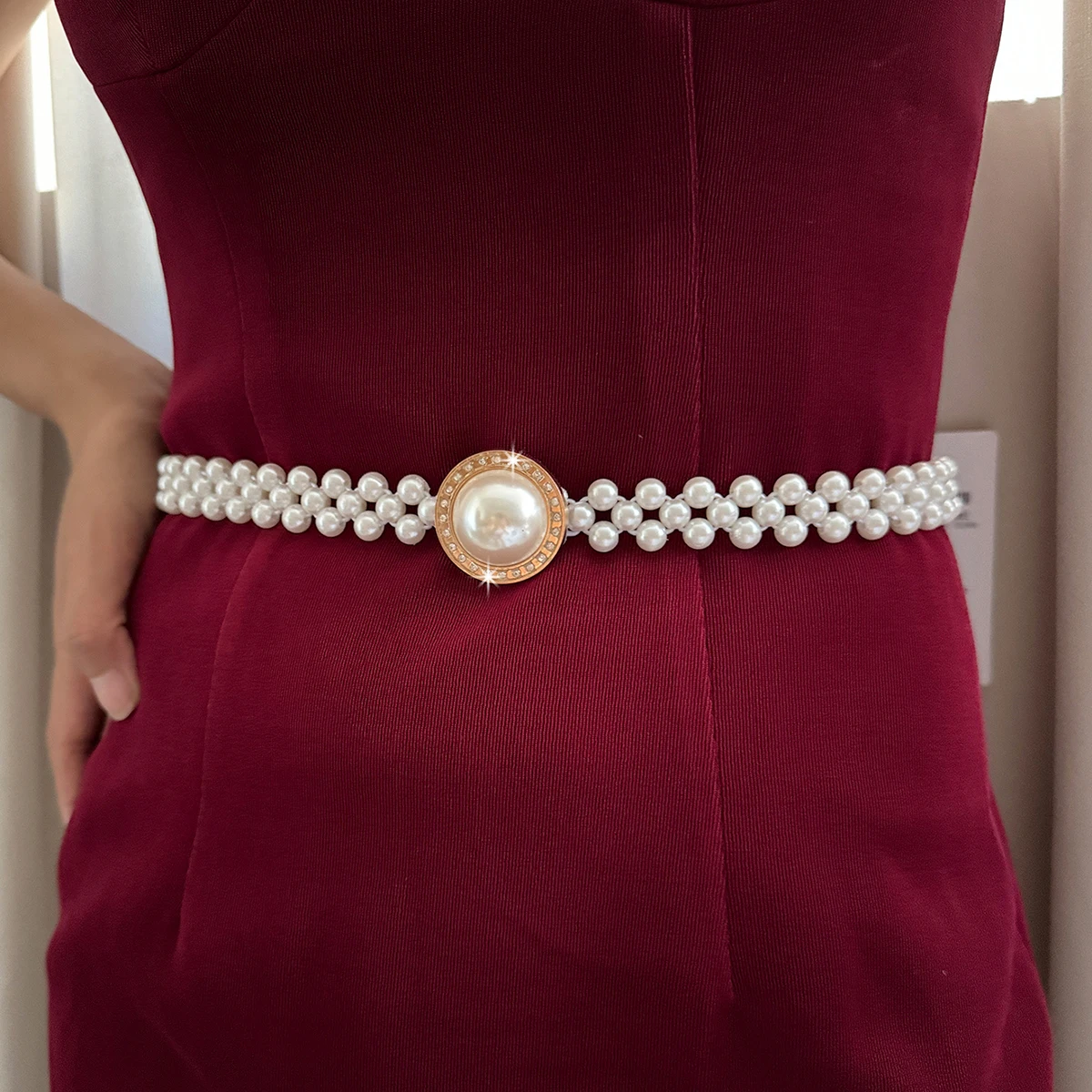 Women's Belt Pearl Waist Chain Golden Flora Inlaid Rhinestone Womens Elastic Belt Waist Decoration Belt Beaded Elastic Belts