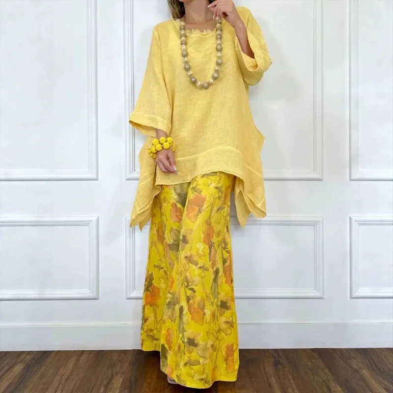 Boho Holiday Two Piece Outfits for Women Casual O-Neck 3/4 Sleeve Tops and Floral Print Wide Leg Pants Set New Loose Summer Suit view 2