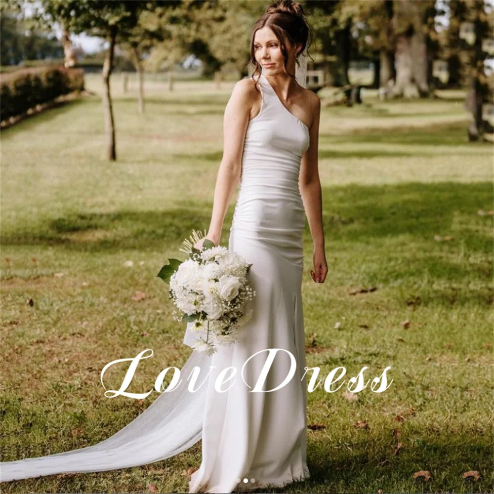 Love Simple One Shoulder Sleeveless Stain High Side Slit Wedding Dress Floor Length Elegant Bride Gown Charming Vestido De Novia