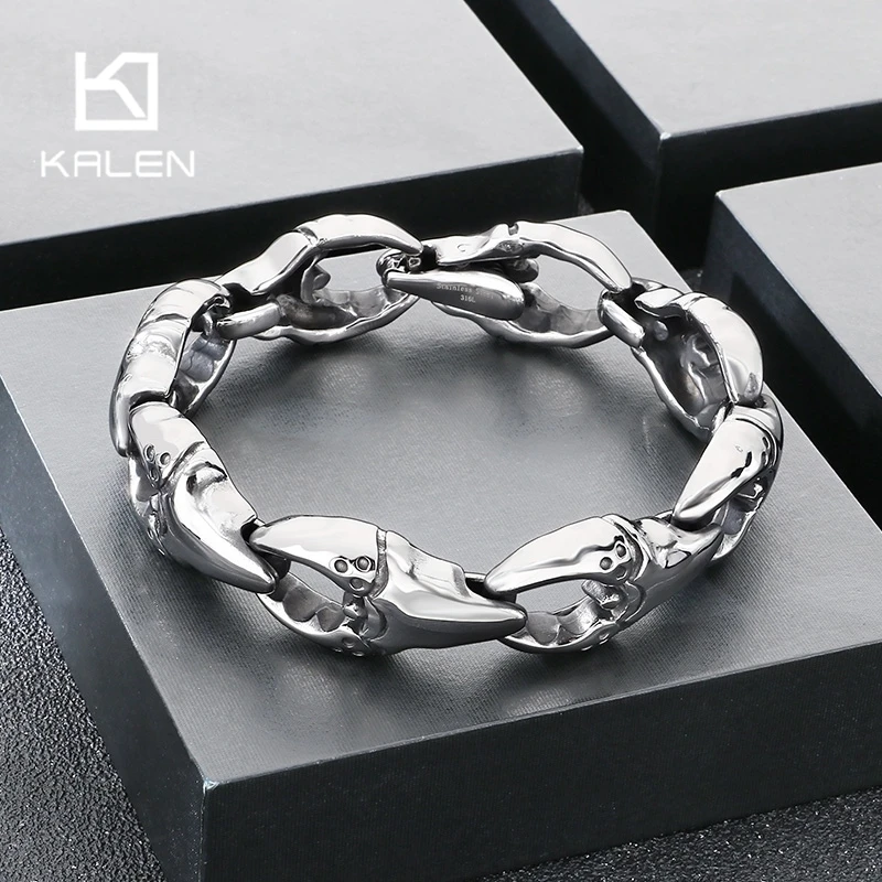 Kalen Solid Stainless Steel Crab Claw Bracelet for Men 17-23cm Distinctive Polished Chunky Biker Jewelry Cool Accessories Gifts