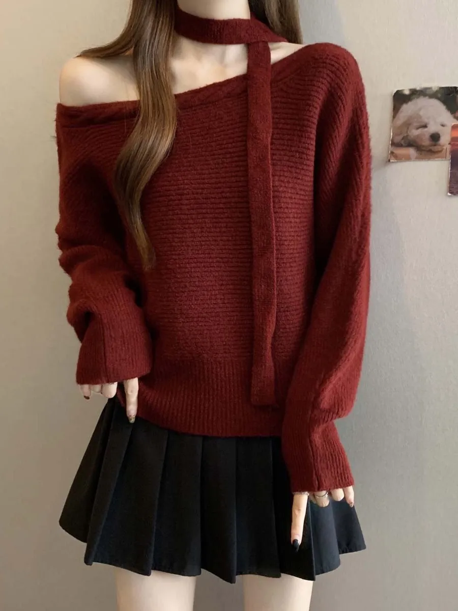 

Loose Korean Sle Wine Red Knitted Sweater Women's plus Size One oulder One Word Collar Ne Scarf Cover Belly Top