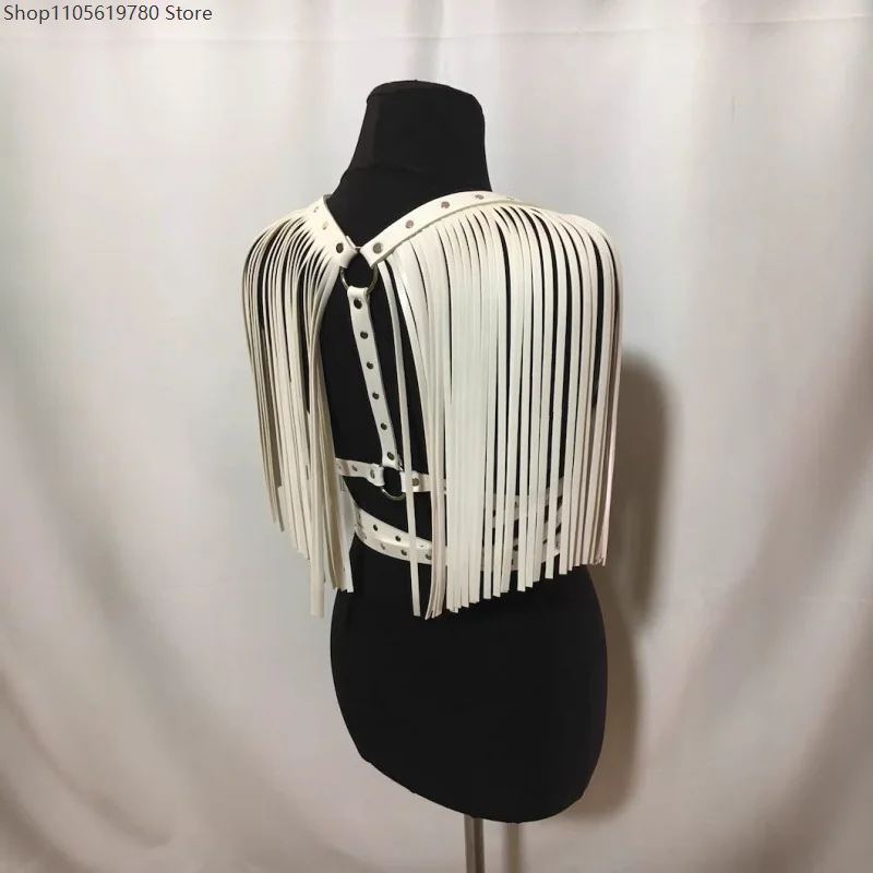 Faux Leather Fringe Shoulder Harness Set Heavy Duty Rivet Decor Waist Belt Adjustable Women Role Play Costume Dress Up Accessory