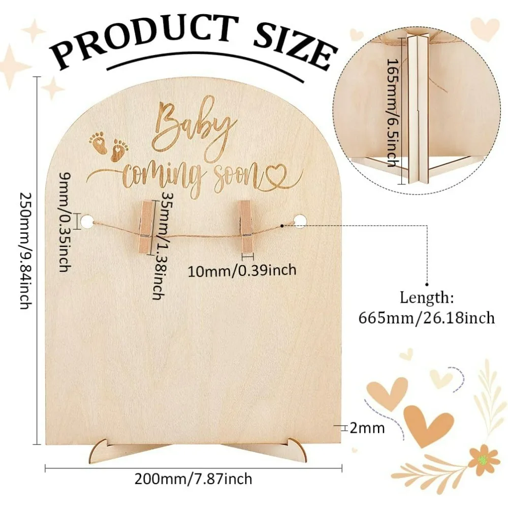 2Pcs 9.8x7.9inch Wooden Ultrasound Frame Stand Light Yellow Baby Coming Soon Arch Pregnancy Sonogram Photo Frame With Clips