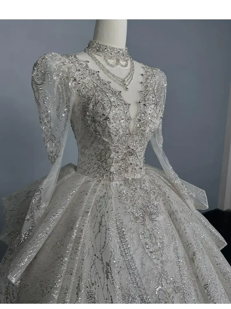 Vestido de baile de renda manga cheia espanhol para mulheres, vestido de noiva em camadas, vestido princesa do trem do tribunal