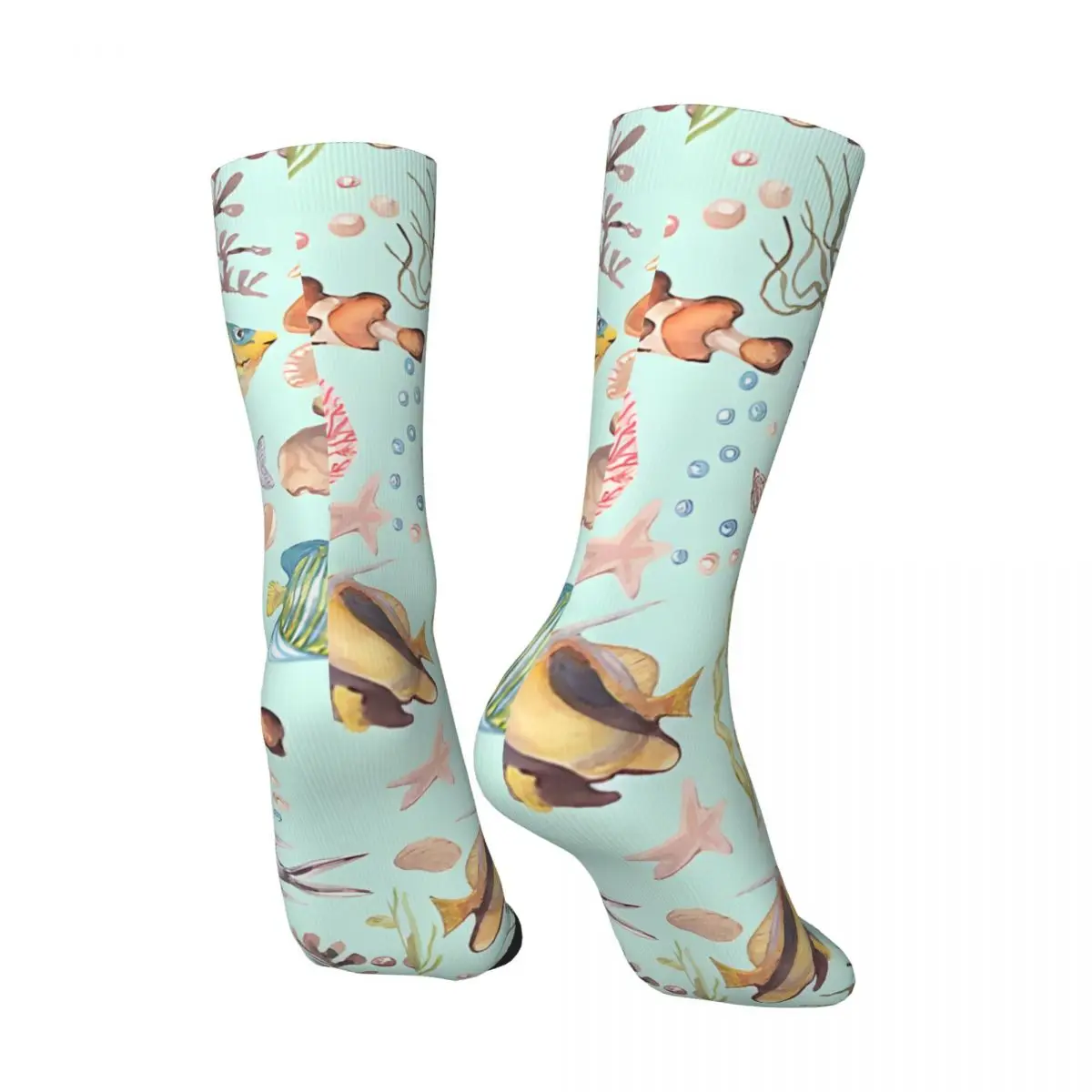 Marine Life Watercolor Fish And Coral Men's Socks Retro Harajuku Street Style Novelty Casual Crew Sock