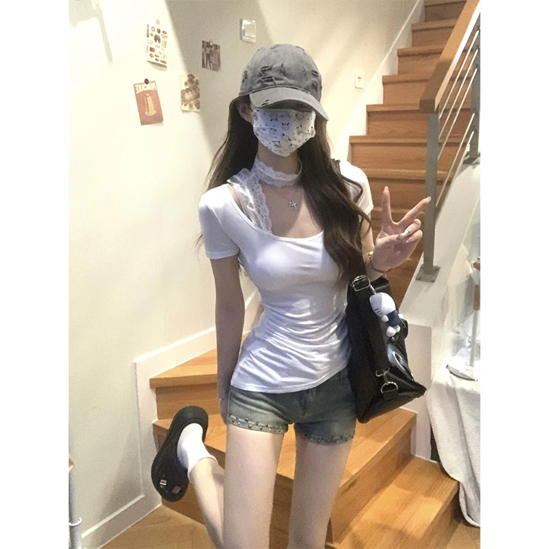 الرغبة النقية الدانتيل تصميم ort Sve تي شيرت المرأة الصيف سليم صالح U-Ne معلقة Ne قميص أبيض Ele Faionable التخسيس