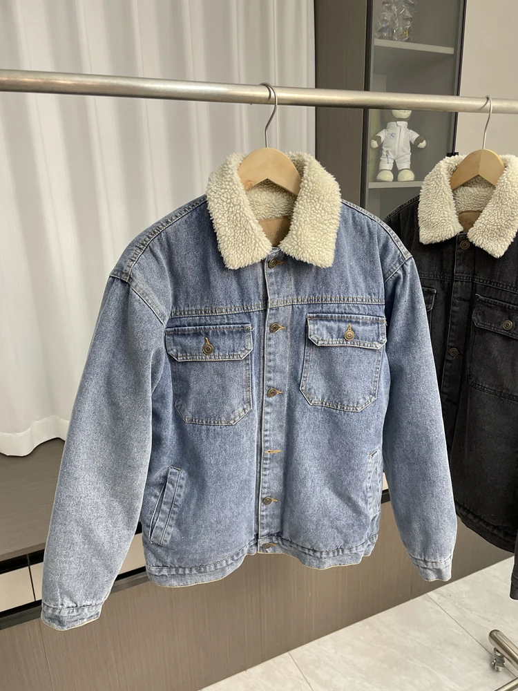 Washed Vintage Men's Faux Lamb Velvet Thickened Denim Cotton Jacket Autumn Winter Warm Long Sleeve Standard Fit Youth Fashion