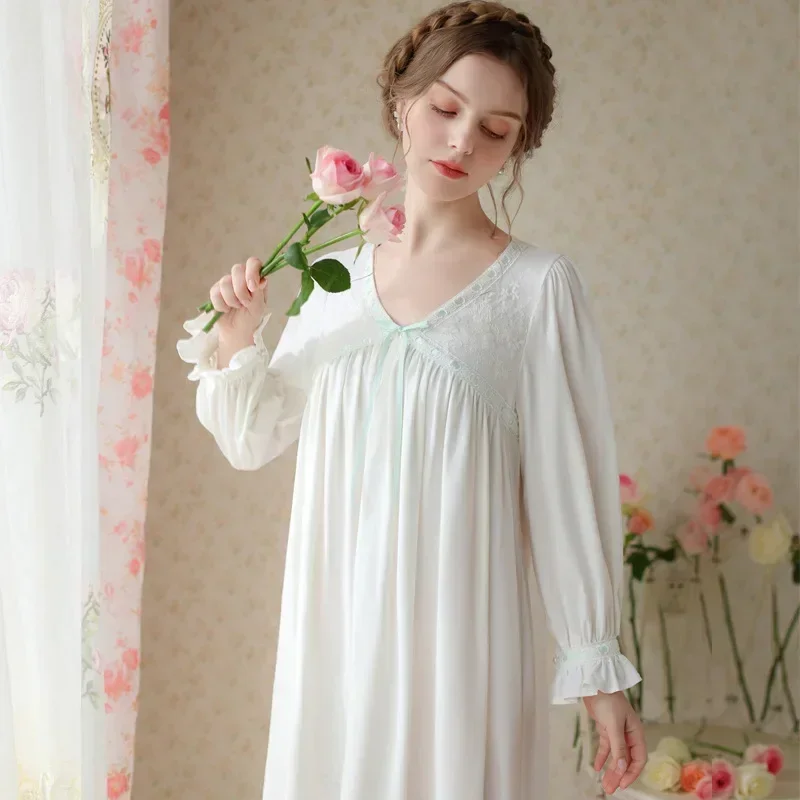 

Fairy Loose Sleepwear Nightie Women Spring Autumn Sexy Lace Cotton V Neck White Sweet Nightgowns Vintage Long Sleeve Night Dress