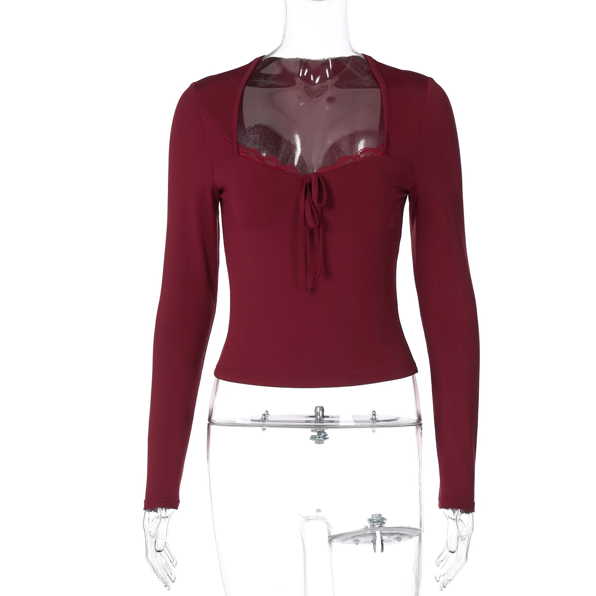 Hugcitar Elegante Langarm Solide Patchwork Spitze Verband Sexy Crop T-Shirt Top Schlank Herbst Frauen Kleidung Geburtstag Party Festival – Detail 2