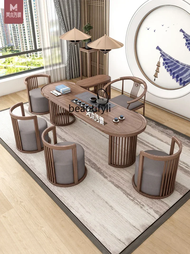 

YH New Chinese solid wood chair combination zen black walnut kungfu tea table office tea tableA16