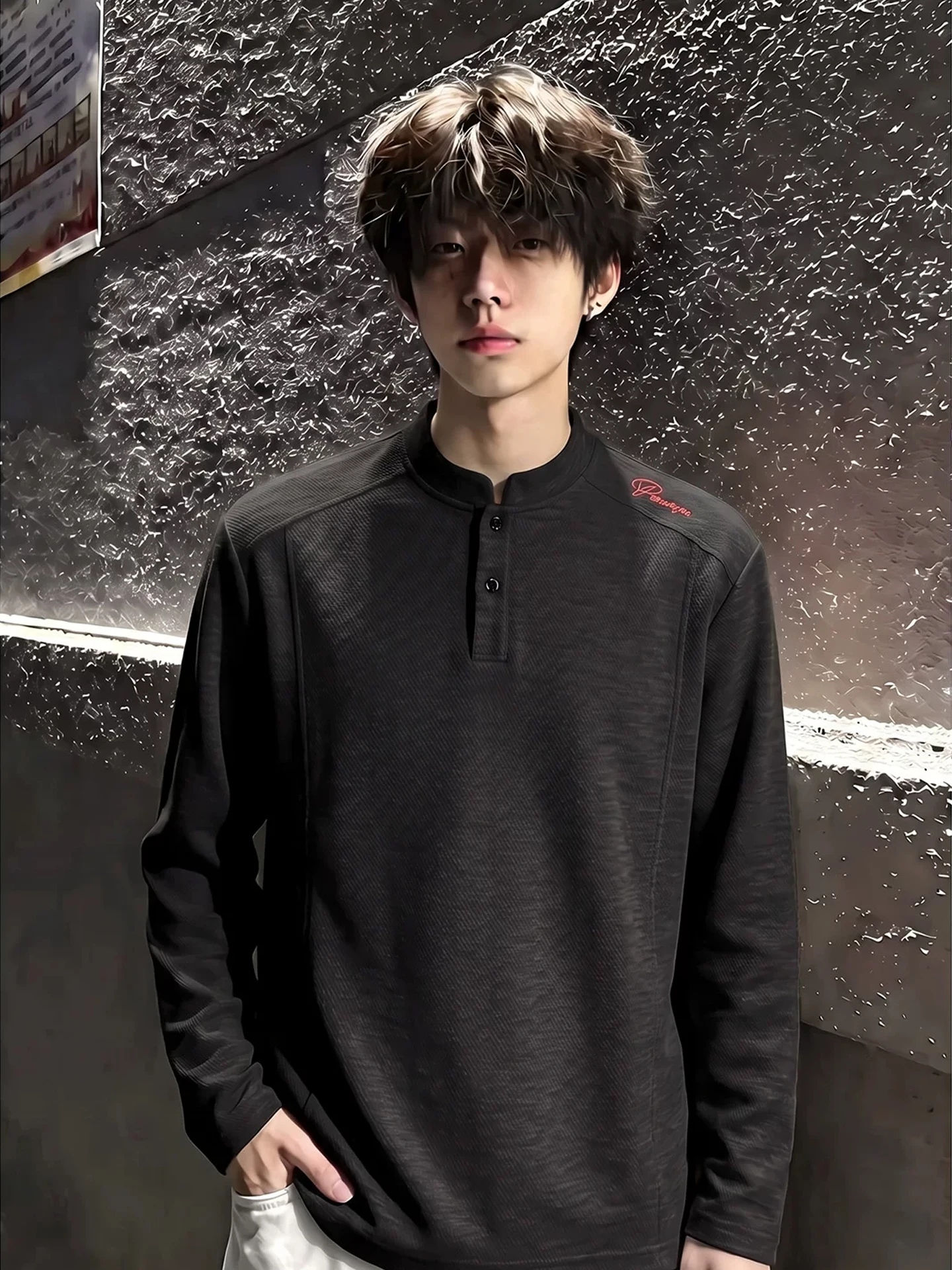 Black Deconstructed Plaid Long Sleeve Henry Collar Embroidered T-Shirt Men's Autumn Casual Fashion Straight Fit Loose Style