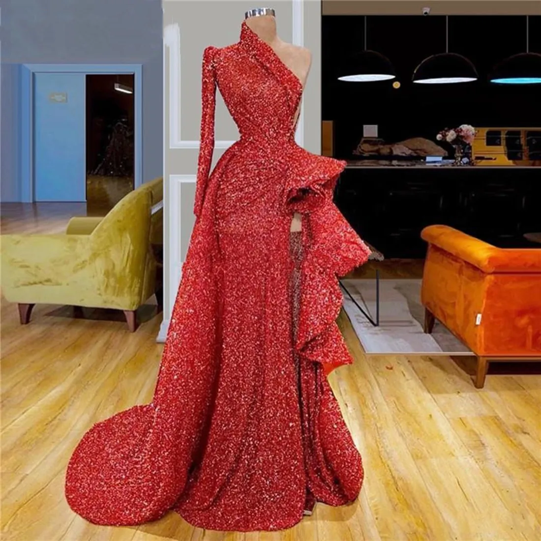 Exquisite Red Evening Dress Sequined Lrregular Collar Women Elegant Mermaid High Split Prom Party Gown Robe De Soiree Vestidos