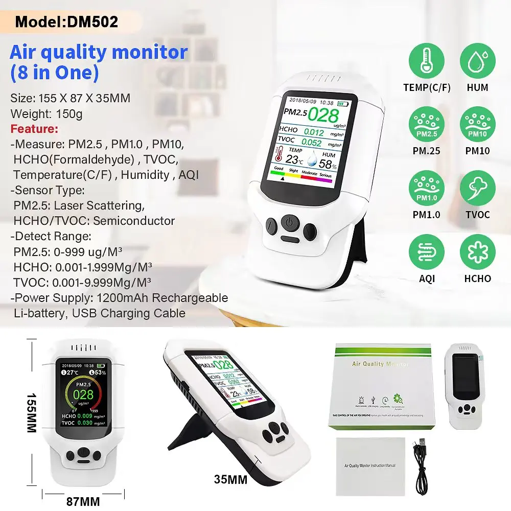 Dienmern New Ozone Meter Portable LCD Display PM2.5/TVOC/Temperature/Humidity Monitor High Precision Air Tester