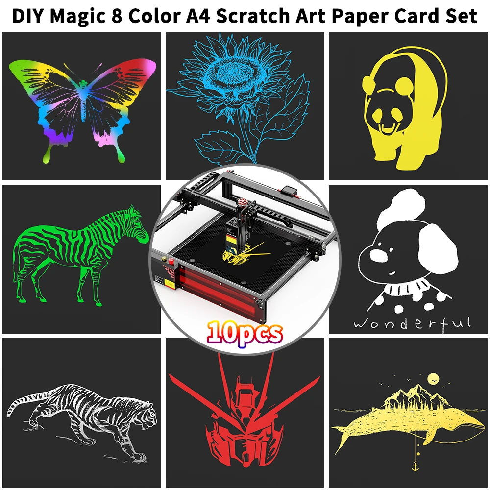 10pcs A4 Scratch Paper for Laser Engraving Colorful DIY Craft Art Supplies, Black Coated Multi-Color Layer Scratchboard for Gift