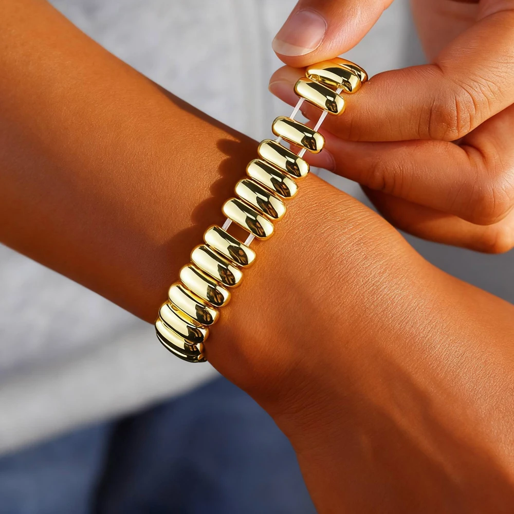 New Gold Color Chunky Stretchy Bracelet High Polished Shiny Paved CZ Curved Circle Geometric Adjusted Size Women Jewelry - view 4