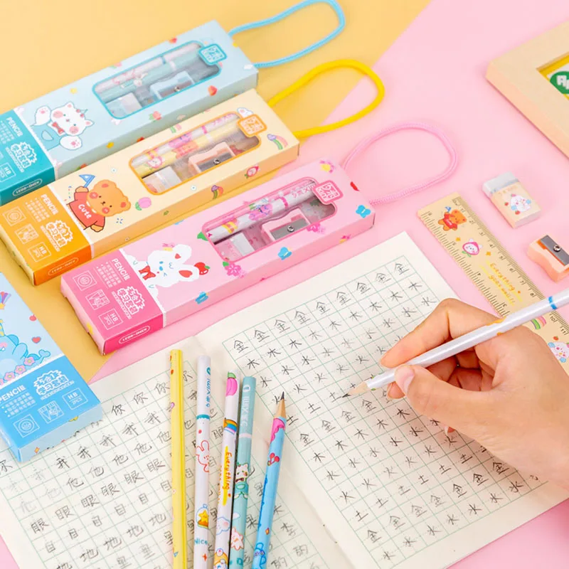 5Pcs/Set Portable Cute Stationery Set, Writing Tools, Pencil Rulers, Pencil Sharpeners, Erasers, School Supplies, Handheld Gift