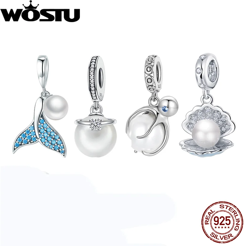 WOSTU 925 Sterling Silver Natural Fresh Pearl Octopus Charms Mermaid Pendants Fit Original Bracelet Necklce DIY Jewelry Making