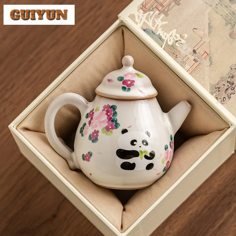 120ml Cute Panda Pear Shaped Teapot Handmade Lard Jelly Ru Kiln Mini Pot Chinese Tea Maker Kettle Ladies' Teaware Collection