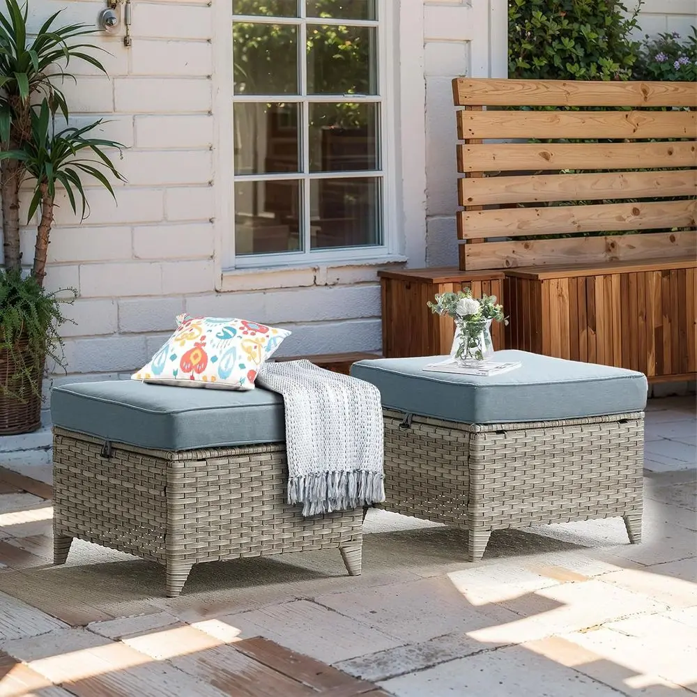 

2-Piece Outdoor Wicker Rattan Ottoman Set - Patio, Deck, Porch, Balcony, Garden - Light Grey/Light Blue