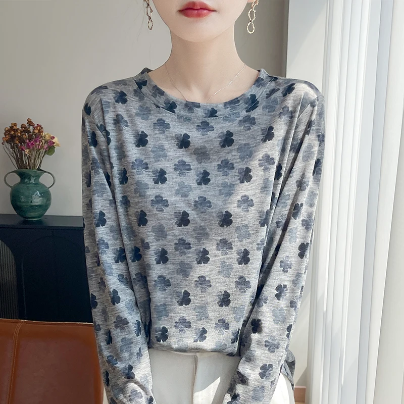

Spring And Summer Thin Long Sleeve T-Shirt Women's New round Neck Print Slimming Versatile Top Thin Knitted Base 2026 Sweater