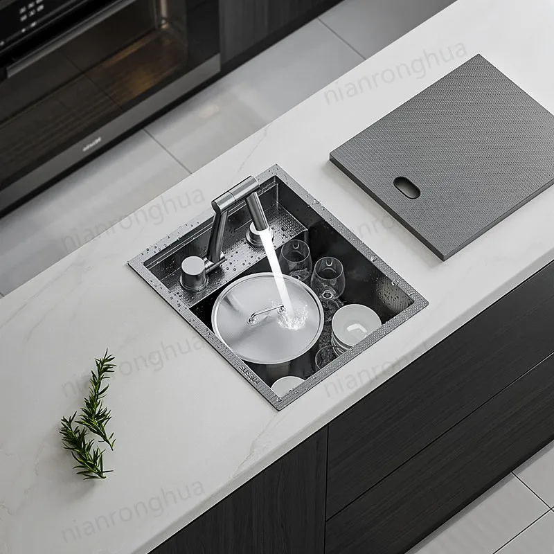 

Honeycomb Hidden Kitchen Sink with Cover Plate Black Silver Folding Faucet Drain Small Sink 304 Stainless Steel Kitchen Sink