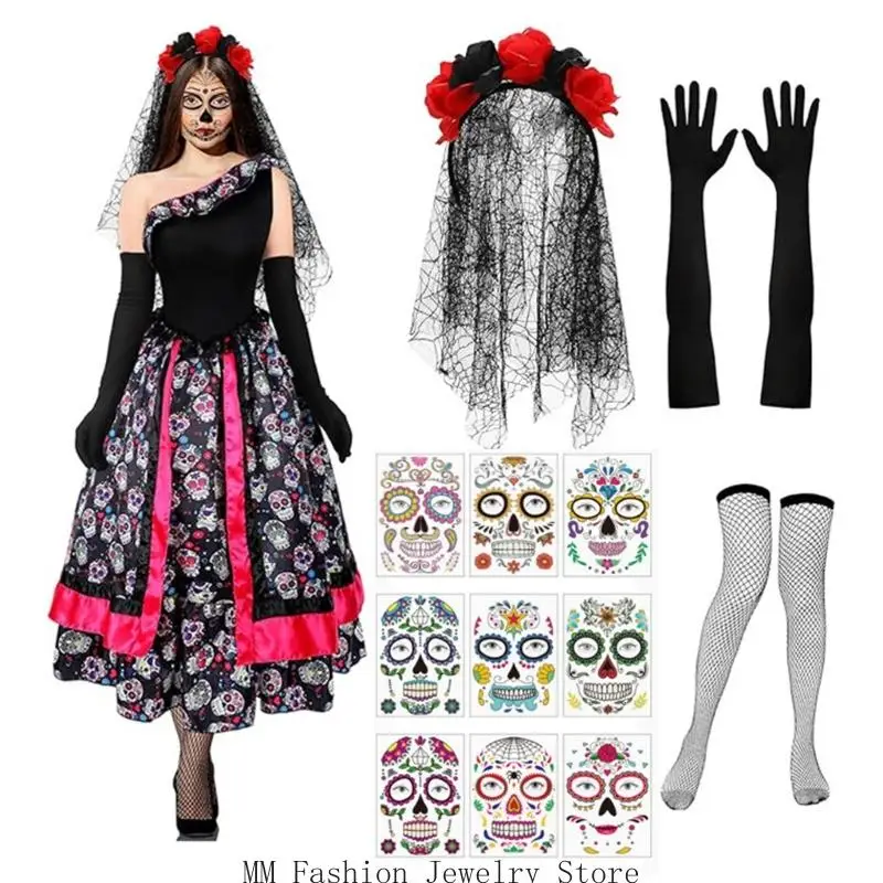 Mexicans Day of The Deads Costume Halloween Sugar Skull Roses Temporary Tattooed Veil Headpiece Stockings Gloves
