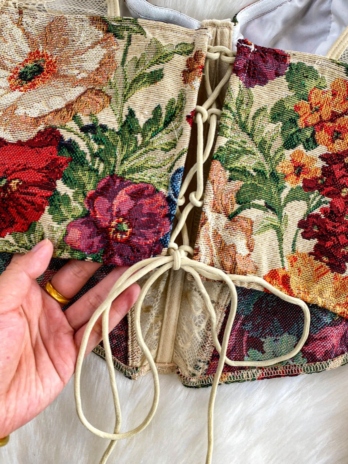 Foamlina Top bustier con stampa floreale vintage da donna sexy trasparente in rete a maniche lunghe a lisca di pesce skinny con lacci corto costume da festa