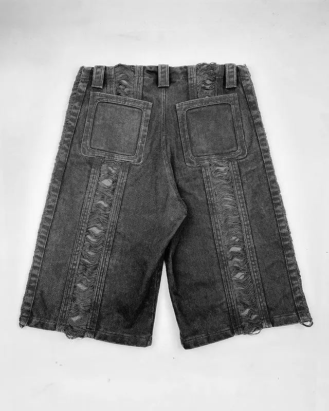 Shorts jeans góticos retrô com buracos lavados para homens, calça streetwear hip hop, calção casual de ginástica moletom preto, novo patchwork, Y2K