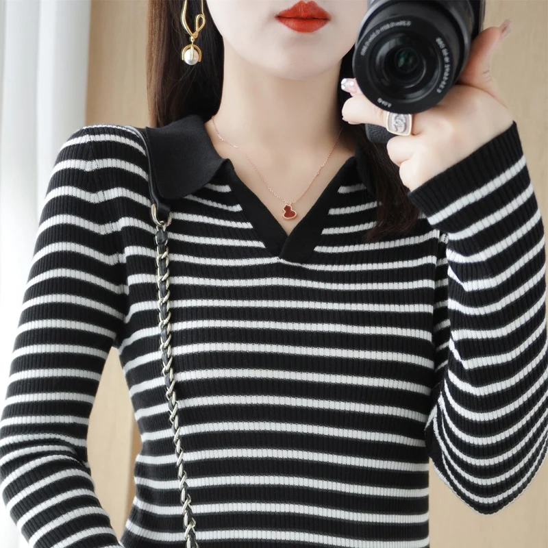 

V-Neck Wool Sweater for Women, Stripe Pullover, Polo Neck, Long Sleeve, Slim Underlay Tops, New Fashion, Autumn and Winter, 2023