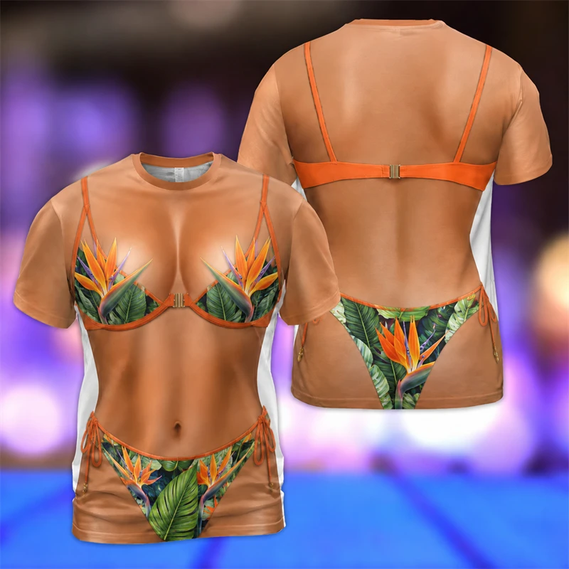 Men Women Novelty Fake Bikini Body Graphic T‑Shirt All‑Over Tropical Pineapple Tiki Design Short Sleeve Prank Tee Costume Tops