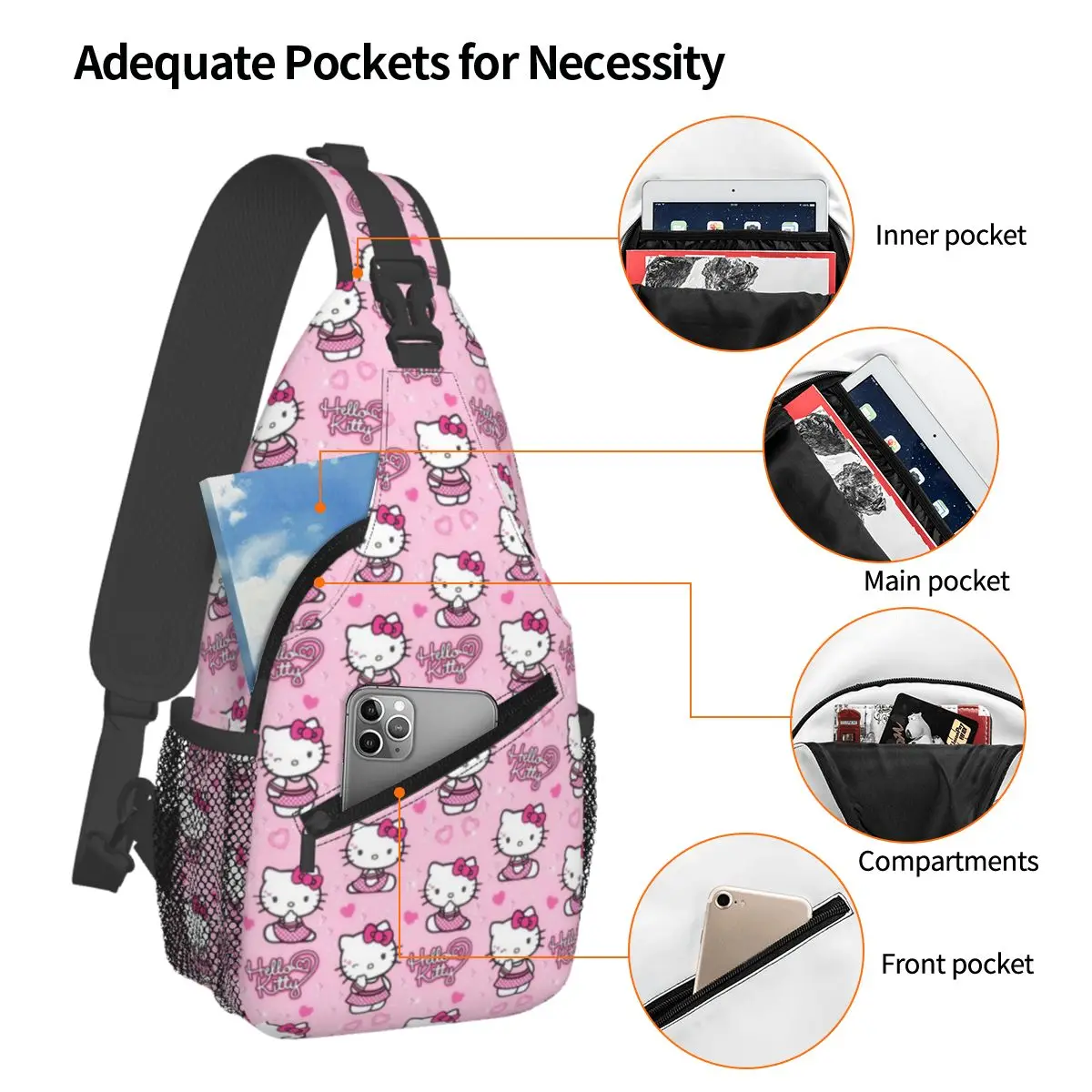 Personalizado Hello Kitty Manga gato hombro bandolera pecho mochila mujeres hombres hombro pecho bolsas Sling bolsa para viajar senderismo bolsas