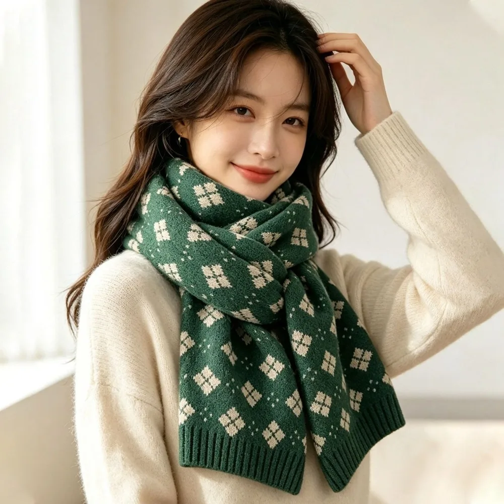 Sweet Red Knitted Christmas Scarf Long Green Winter Knitted Scarves Thickened Christmas Tree Plaid Wool Scarf Couples