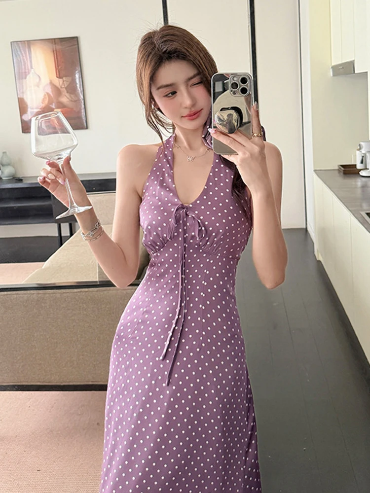 Robe longue de vacances française élégante pour femmes, Sexy, Vintage, violet, col licou, Maxi, Robe de vacances, dos nu, à bandes, robes de soirée