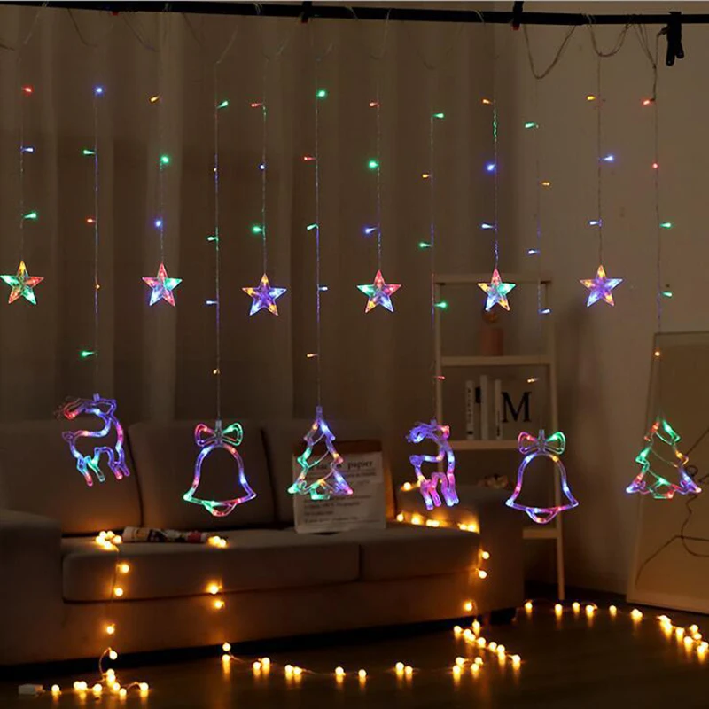 Xmas Tree Deer Bell Chain Lamp LED String Lights Curtain Light EU Plug Fairy Light Christmas Living Room Garden Decoration