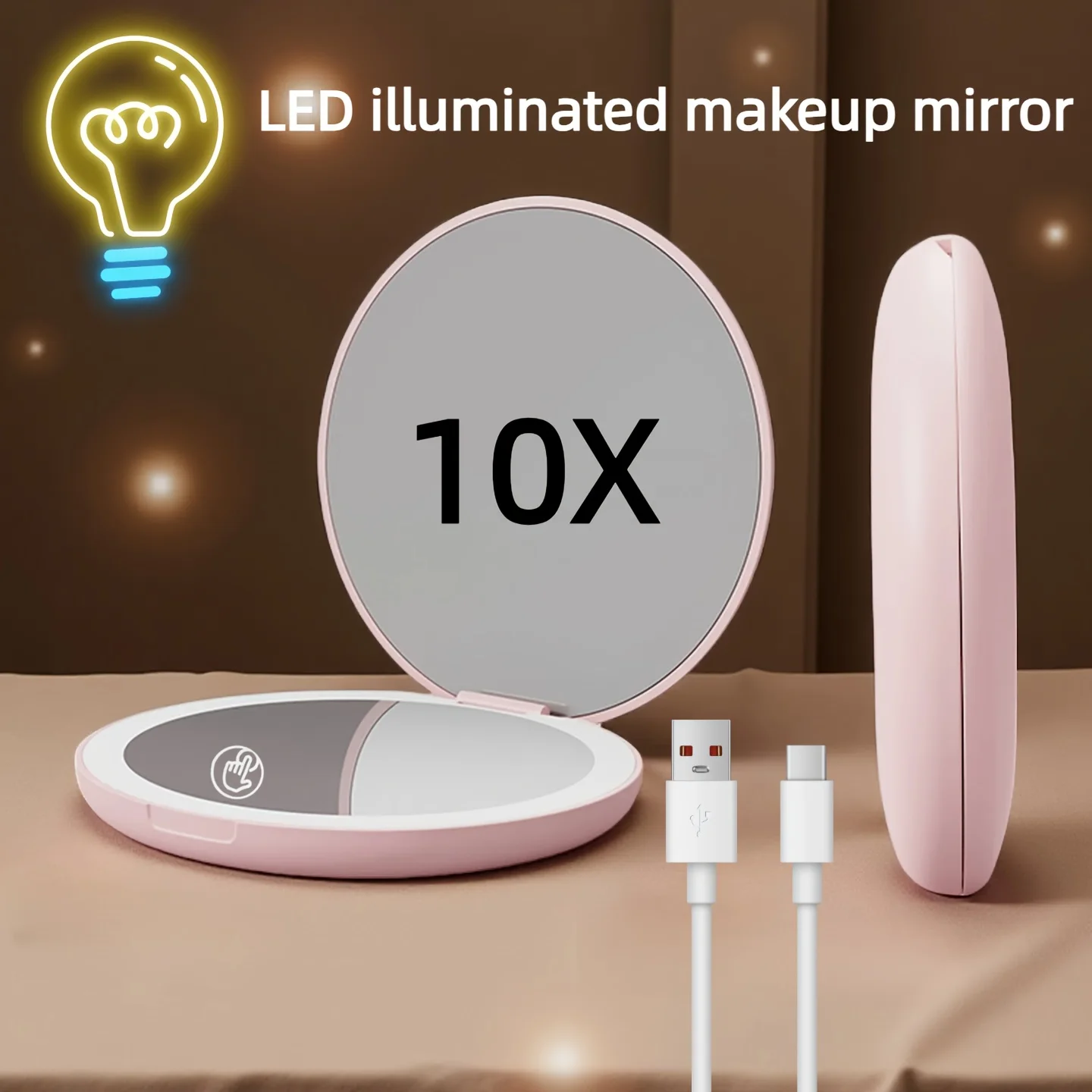 1 Piece of 10X Handheld Makeup Mirror with Led Dual Lighting, Rechargeable Battery, and USB Data Cable, High-Definition Mirror Surface Suitable for Makeup Application, Touch-Ups, and Skincare, Multi-Purpose Handheld Makeup Mirror, Exquisite Circular Design, a Perfect Gift for Family and Friends