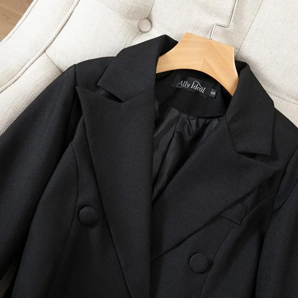 Frühling Herbst Damen Blazer Neu Einfarbig Mittellanger Schwarzer Blazer Jacke Damen Doppelreihiger Loser Blazer Damen Oberbekleidung – Detail 5