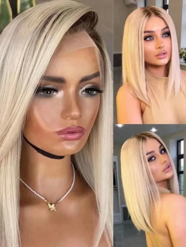 

Ombre Blond Short Bob Wig for Women Straight Hair Dark Root HD Lace Front Preplucked Glueless for Daily Use