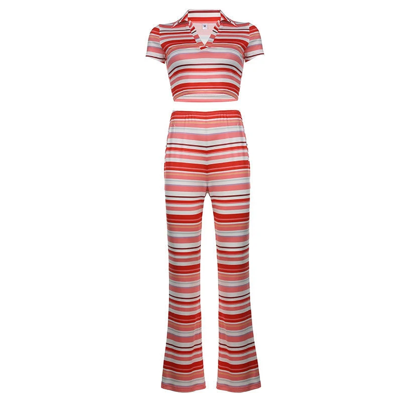 

Sexy Striped Print V-neck Top Pants Set Women Casual Loose Flares Trousers Suit Female Club Party 2 Piece Pant Set