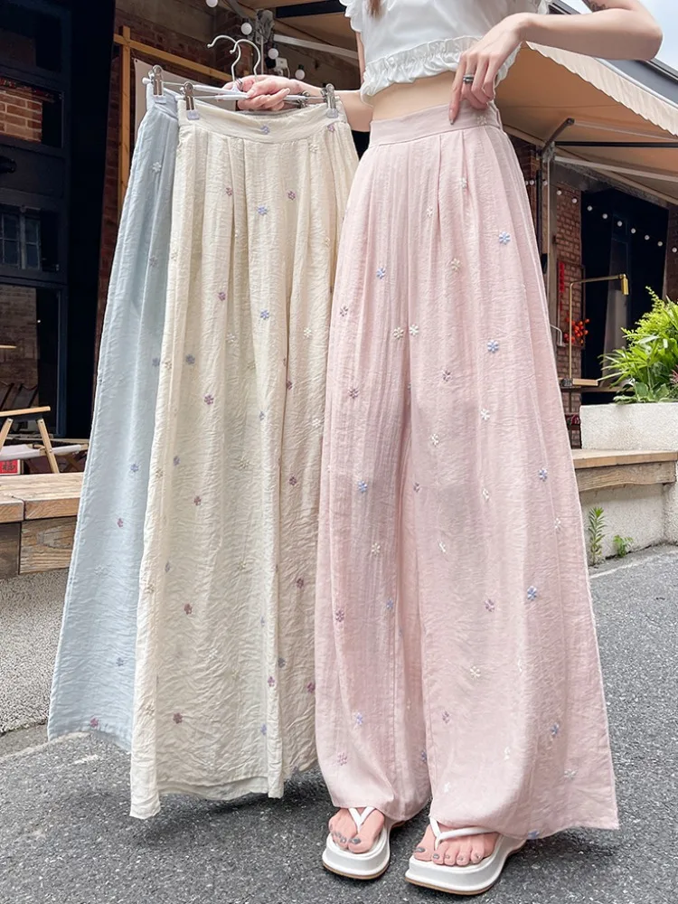 Pink Embroidered Linen Pants Women Summer Thin Loose Wide Leg Pants Durable High Waist Straight Leg Pants Casual Pants