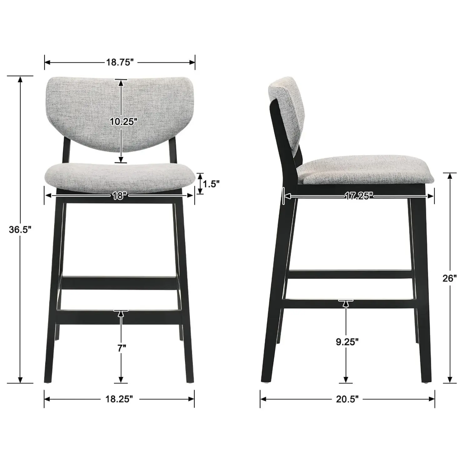 26 Inch Counter Height Bar Stools Set 2, Linen Fabric Kitchen Island Dining Chairs with Backrest & Black Wood Legs, Grey, Custom
