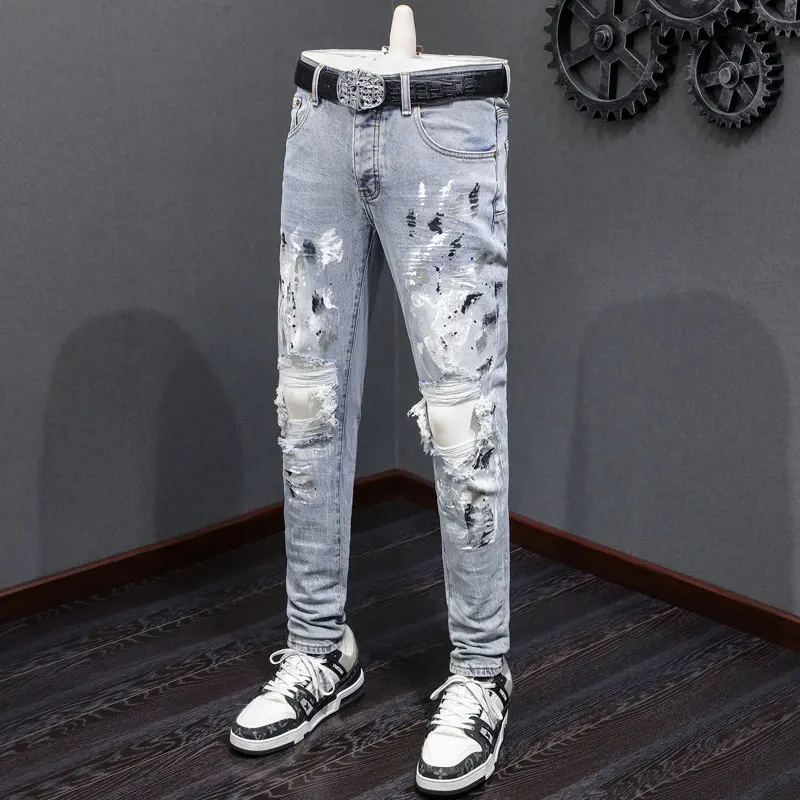 

Designer Fashion New Men's Jeans Painted Perforated White Patched Jeans High Street Trendy Hip Hop Brand High Quality Stretch Sl