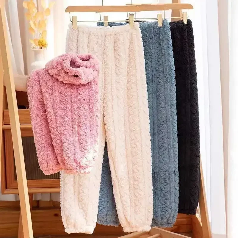 Cozy Comfy Stretchy Plus Size Coral Fleece Pajama Bottoms Thickened Non Shedding Warm Sleep Pants for Women Loungewear
