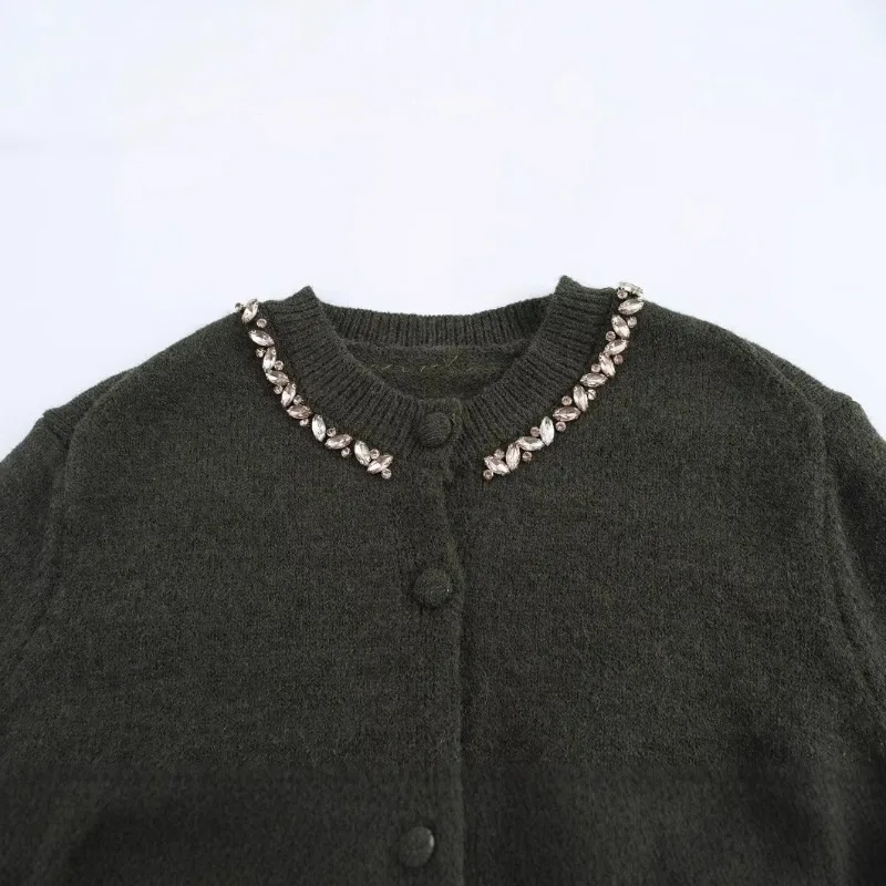 

Gaganight Knitted Cardigan Women Rhinestone Single Breasted O Neck Stretch Sweet Outwear Vintage Elegant Sweater Female