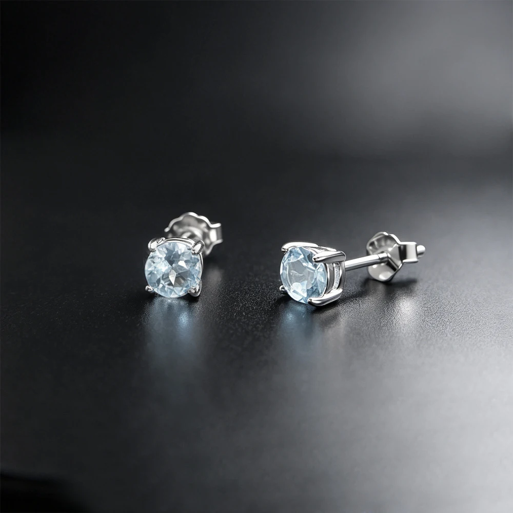 Simple Natural Aquamarine Stud Earrings 925 Sterling Silver Gemstone 4MM Fine Jewelry for Women Engagment Birthday Party Gift
