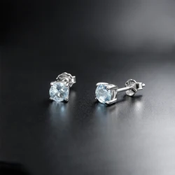 Simple Natural Aquamarine Stud Earrings 925 Sterling Silver Gemstone 4mm Fine Jewelry for Women Engagment Birthday Party Gift