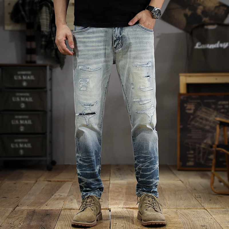 American vintage washed old light-coloured men's jeans tide embroidery hole stretch Slim straight tapered small leg trousers