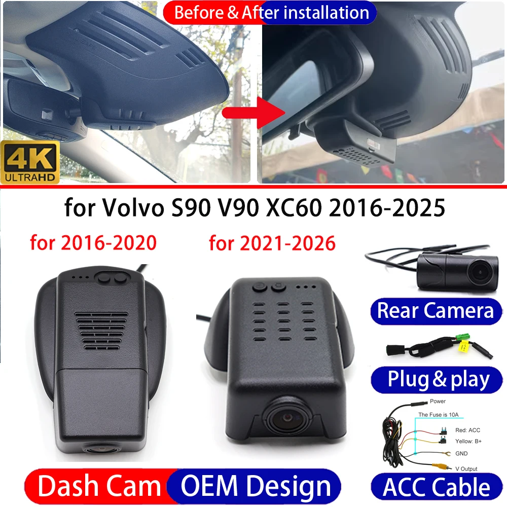 Dash Cam for Volvo S90 V90 XC60 2016-2025 Front Rear 4K Car DVR Driving Recorder Dashboard Camera Night Vision 24H Parking Mode